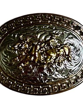 Crumrine ~Vintage ~ Heavy Silver Plated W/ Gold Trim ~ Bull Rider ~ Belt Buckle